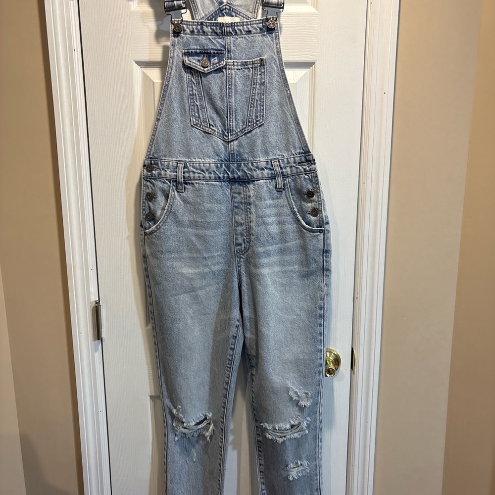 Light Wash Denim Overalls with Distressed Knees - Picture 2 of 8